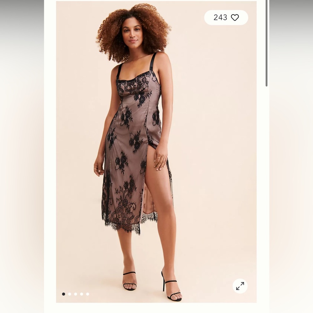 Anthropologie Black Lace Slip Midi Dress Mesh Dark Romantic Floral Sexy Small